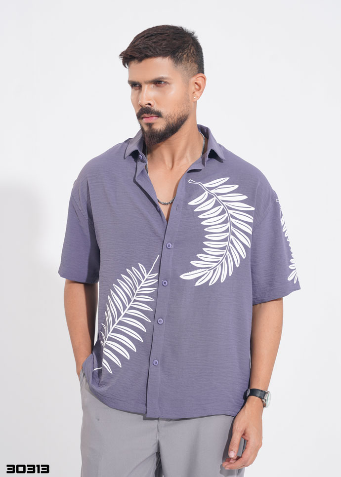 Tropical leaf Half Shirt – Steel Blue