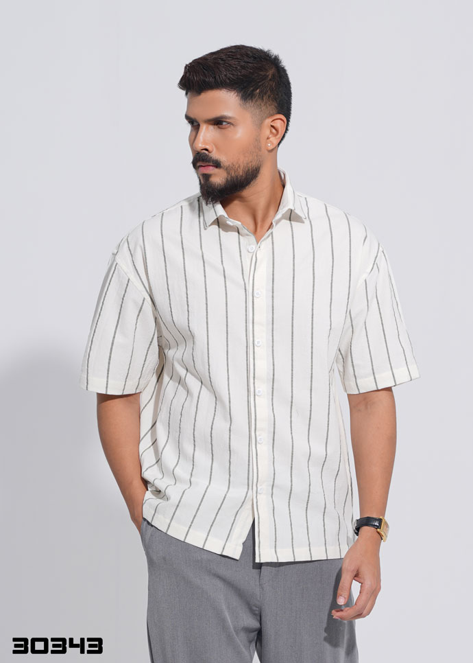Dune Pinstripe Half Shirt – White