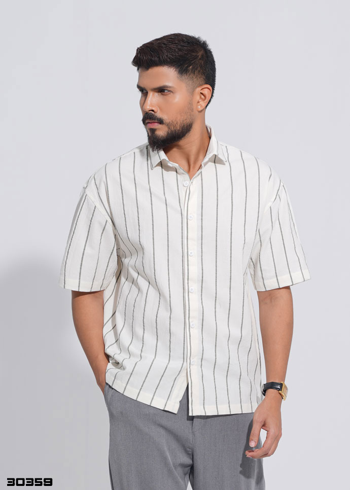 Dune Pinstripe Half Shirt – White