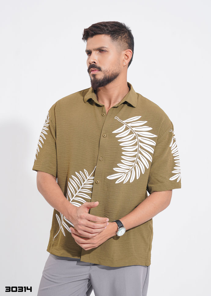 Tropical leaf Half Shirt – Olive