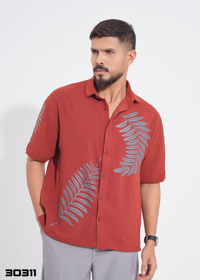 Tropical leaf Half Shirt - DK Orange