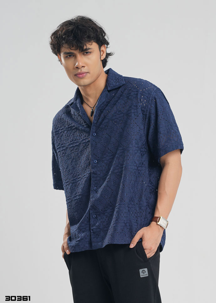 Velour Patterned Half Shirt - Deep Navy Blue